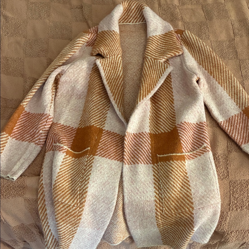 Womens Plaid Open-Front Cardigan Sweater - Cream & Tan